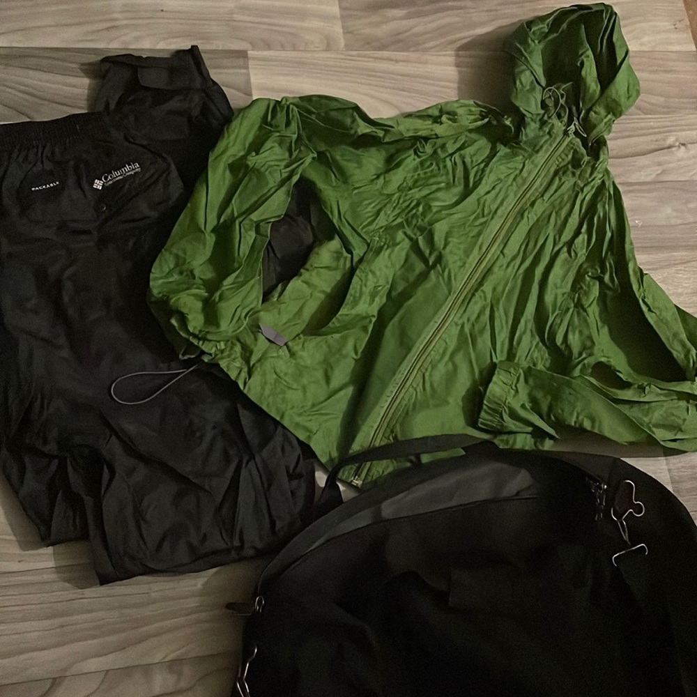Columbia Rain pants + Green Rain Jacket + Small Sports Bag